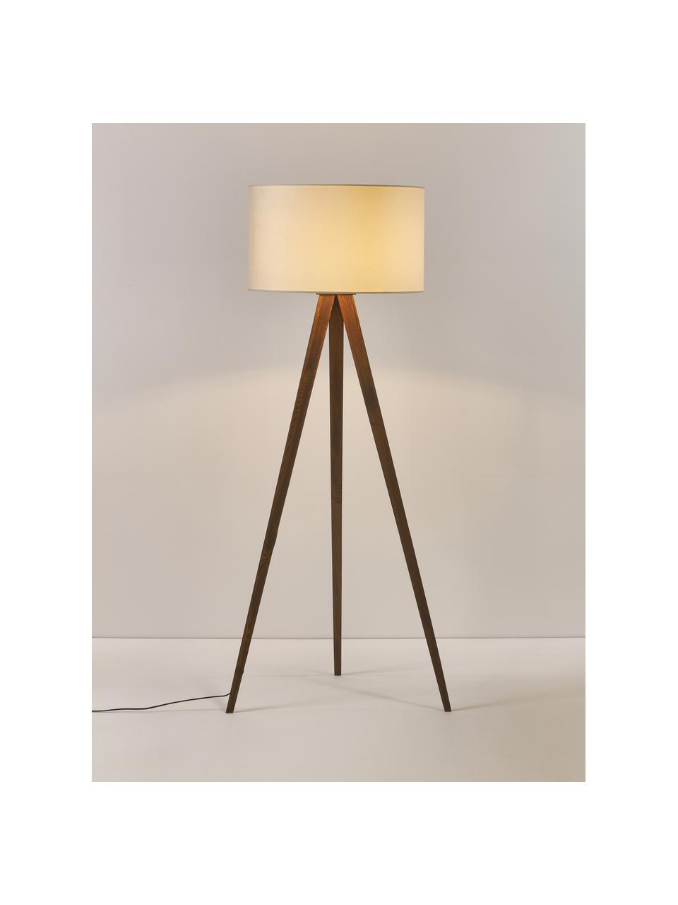 Tripod vloerlamp Jake van massief hout met fluwelen lampenkap, Lampenkap: fluweel, Lampvoet: essenhout, FSC-gecertific, Gebroken wit, bruin, H 150cm