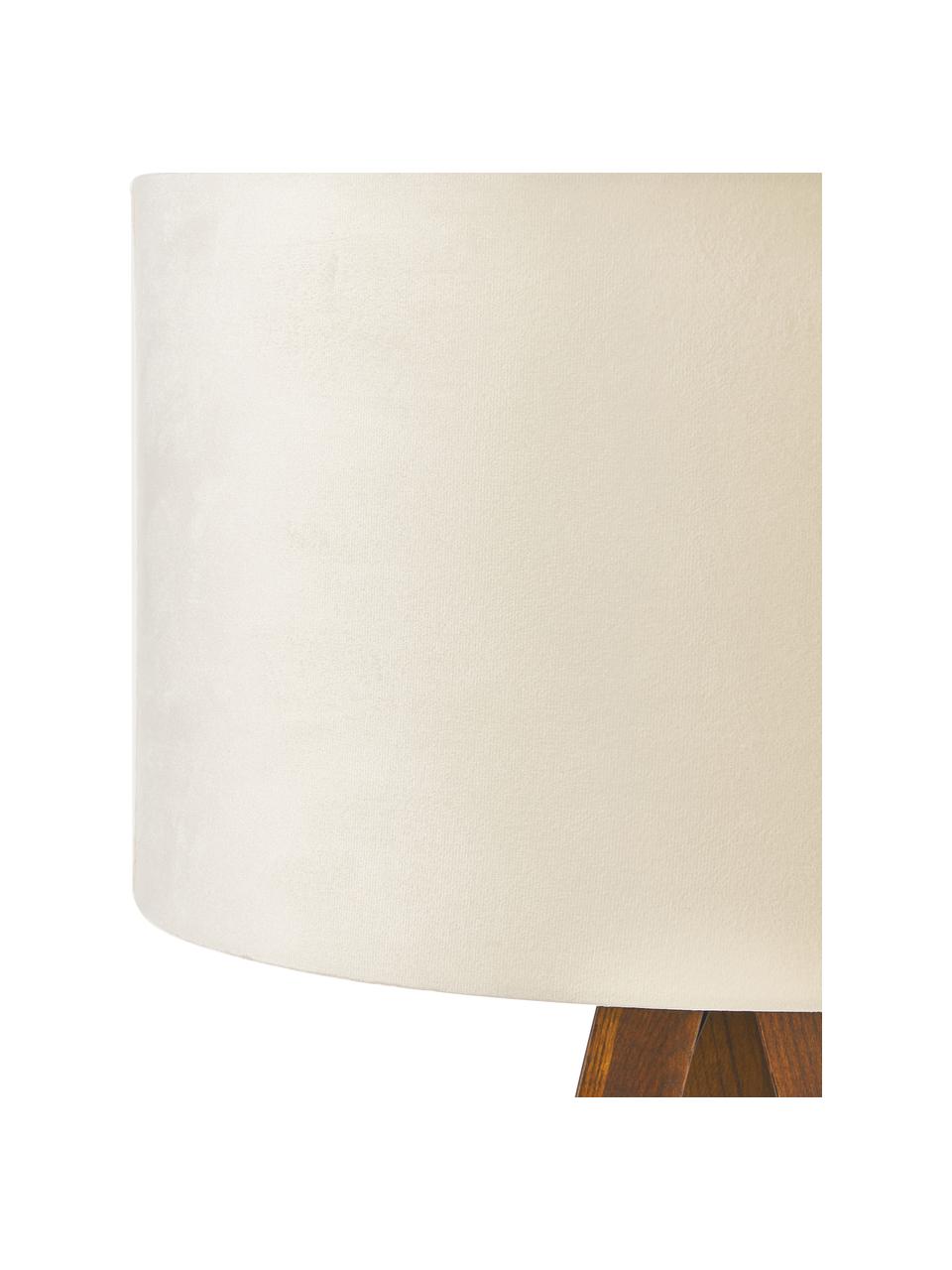 Tripod vloerlamp Jake van massief hout met fluwelen lampenkap, Lampenkap: fluweel, Lampvoet: essenhout, FSC-gecertific, Gebroken wit, bruin, H 150cm