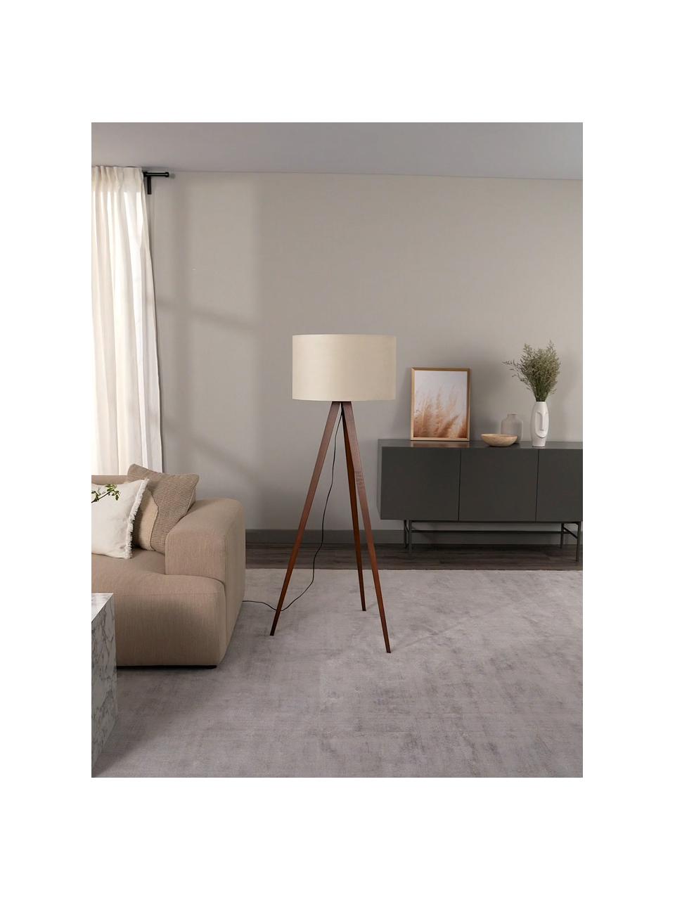 Lámpara de pie trípode escandinava de terciopelo y madera maciza Jake, Pantalla: terciopelo, Cable: plástico, Crema, marrón, Ø 60 x Al 150 cm