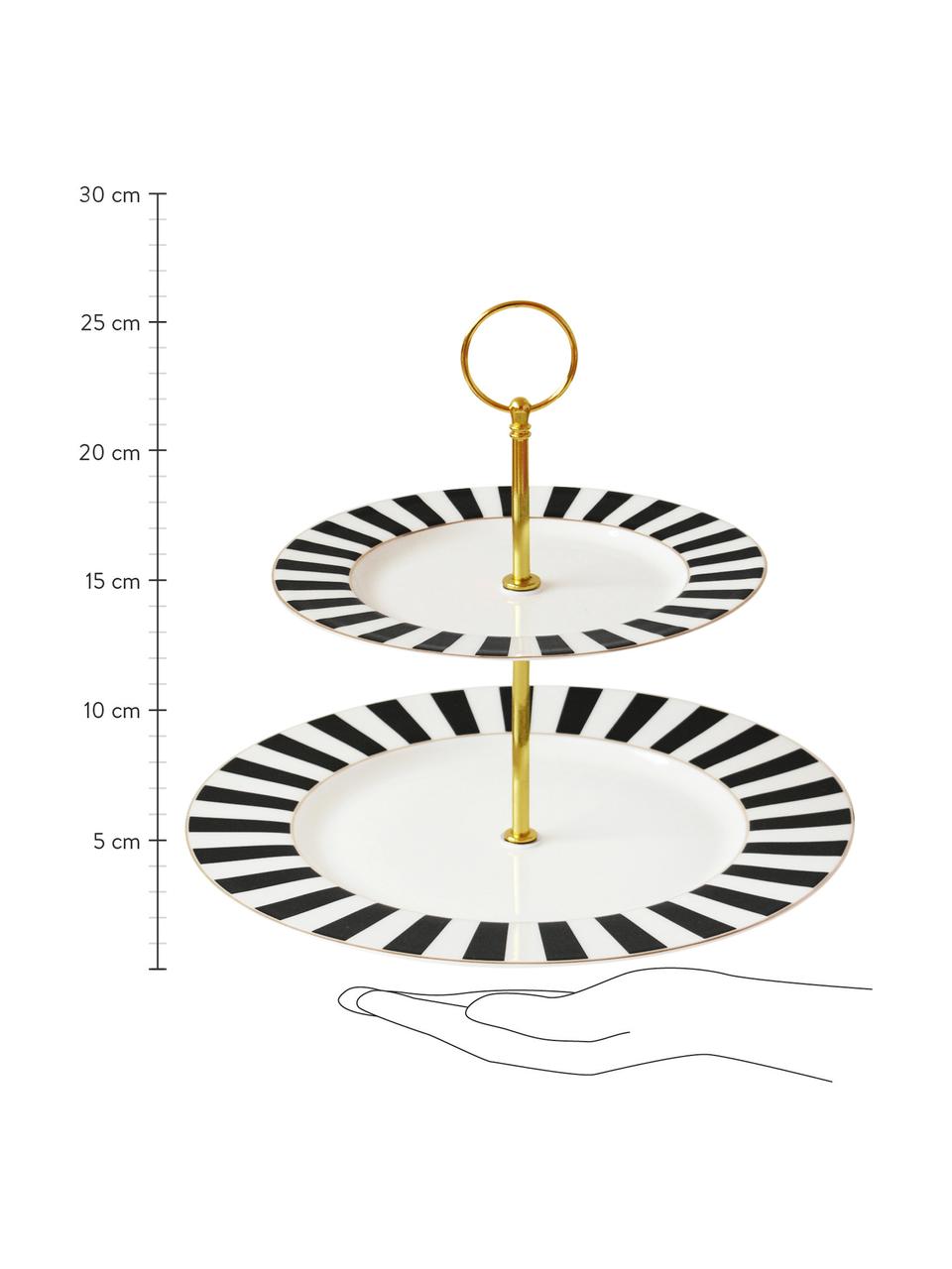 Alzatina con struttura dorata Stripy, Ripiani: Bone China, Asta: metallo, rivestito, Nero, bianco, Ø 27 x Alt. 26 cm