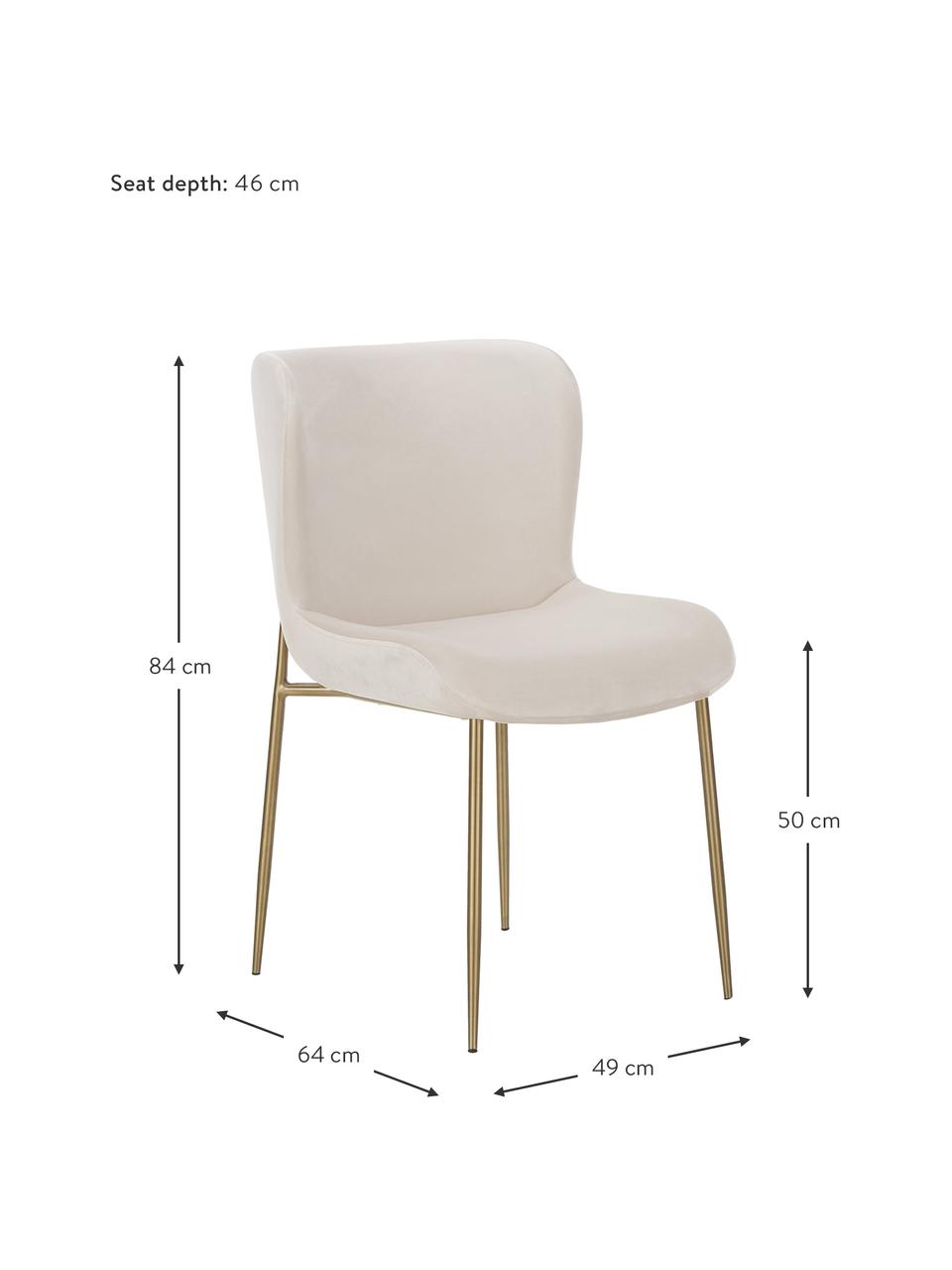 Fluwelen gestoffeerde stoel Tess in beige, Bekleding: fluweel (polyester) Met 3, Poten: metaal, gepoedercoat, Fluweel beige, goudkleurig, B 49 x D 64 cm