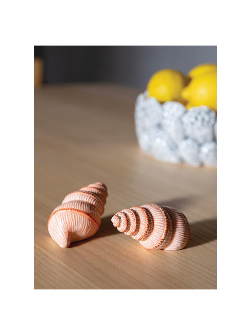 Handbeschilderde zout- & peperstrooier Shell van dolomiet, 2-delig, Geglazuurd dolomiet, Oranje, perzik, B 10 x H 4 cm