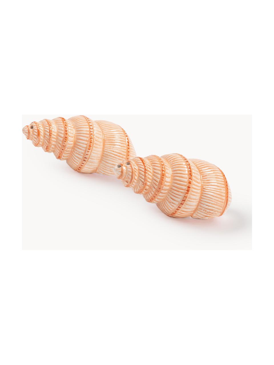 Handbemalte Salz- & Pfefferstreuer Shell aus Dolomit, 2er-Set, Dolomit, glasiert, Orange, Peach, B 10 x H 4 cm