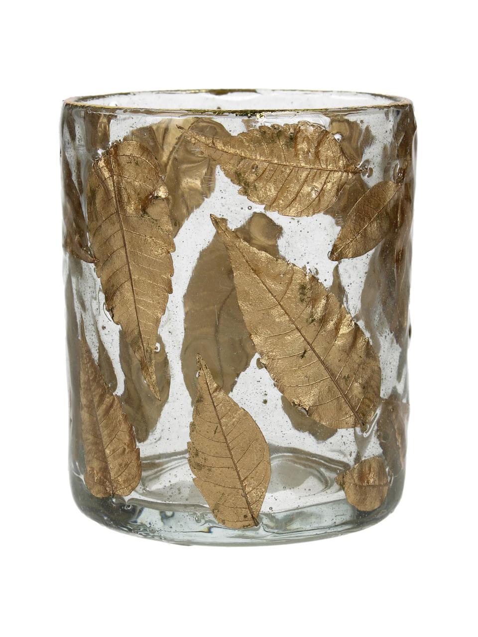 Waxinelichthouder Golden Leaf, Glas, bladeren, Transparant, goudkleur, Ø 7 x H 9 cm