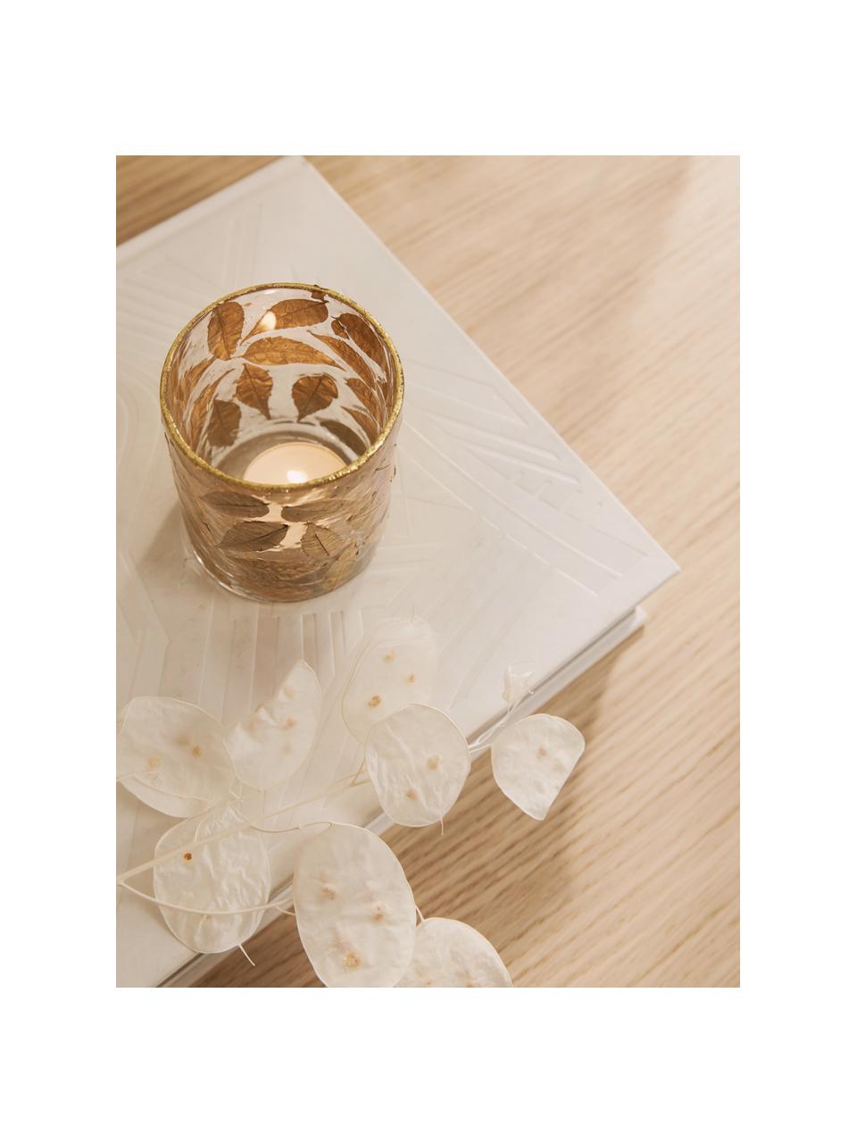 Teelicht Golden Leaf aus Glas, Glas, Laubblätter, Transparent, Goldfarben, Ø 8 x H 9 cm