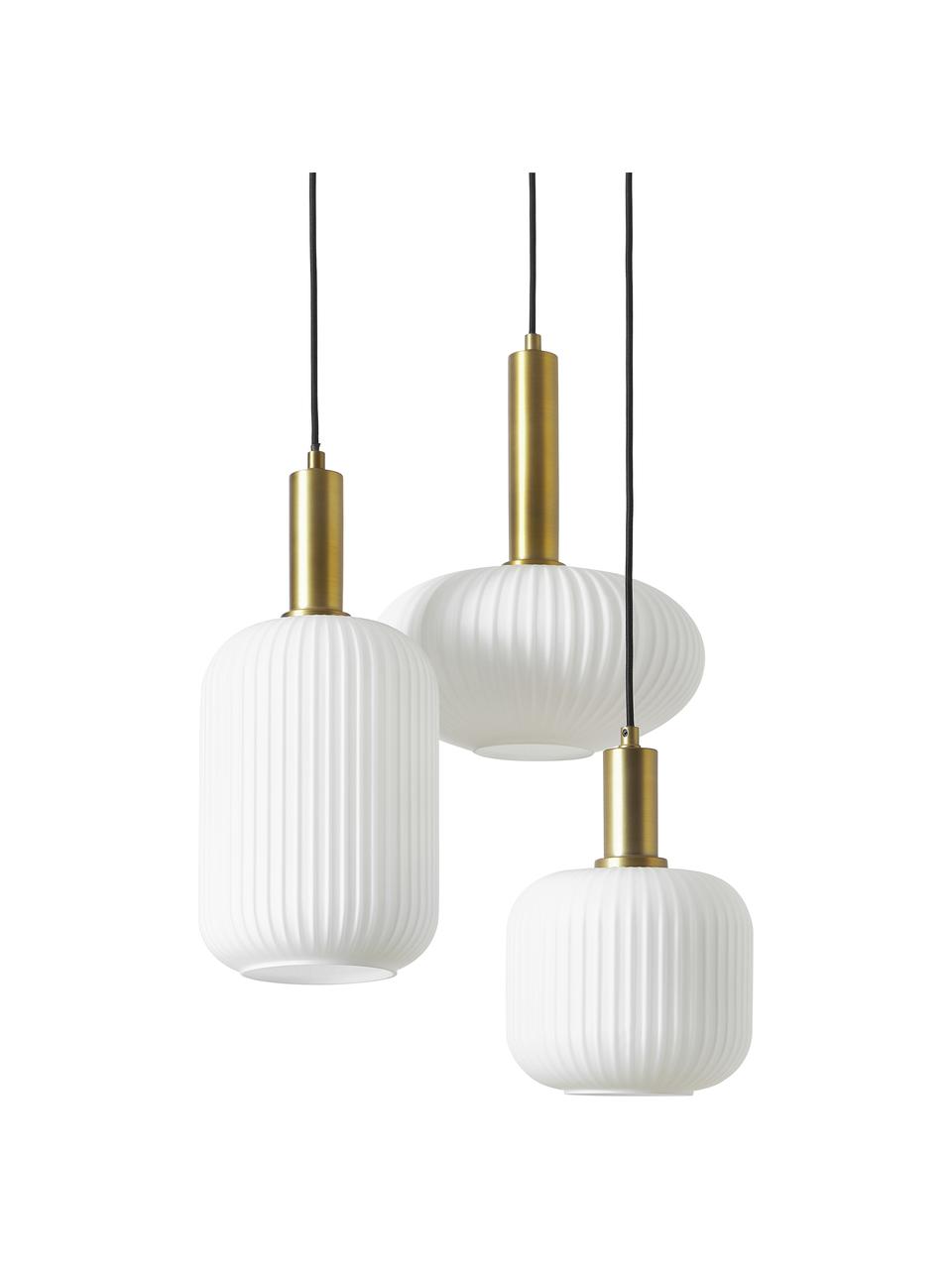 Lampada a sospensione cluster in vetro opale Candela, Paralume: vetro opalino, Baldacchino: metallo verniciato a polv, Bianco, ottonato, Ø 30 x Alt. 150 cm