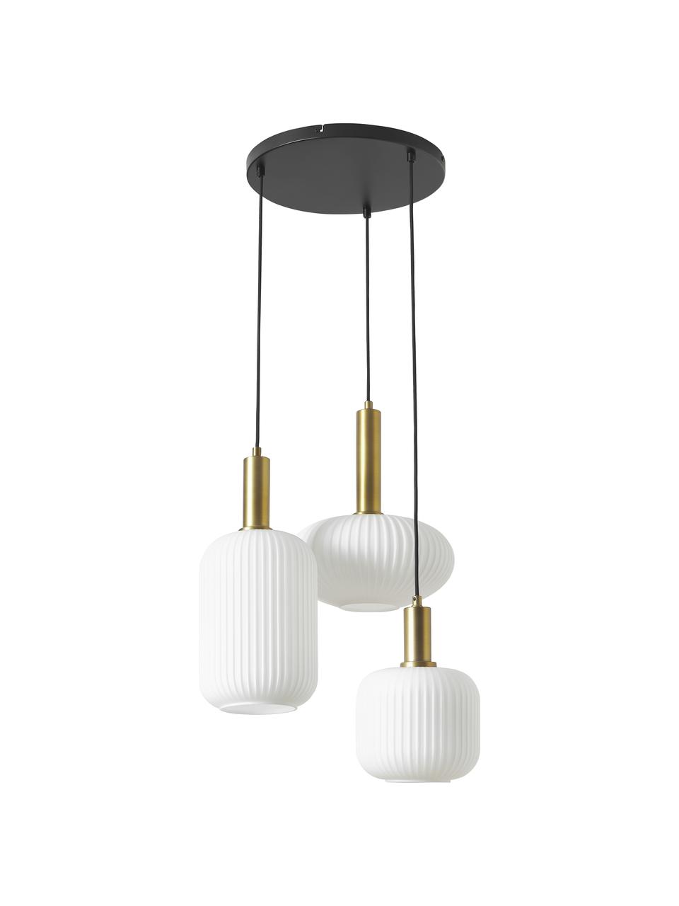 Cluster-Pendelleuchte Candela aus Opalglas, Baldachin: Metall, pulverbeschichtet, Dekor: Metall, vermessingt, Weiß, Messingfarben, B 49 x T 45 cm
