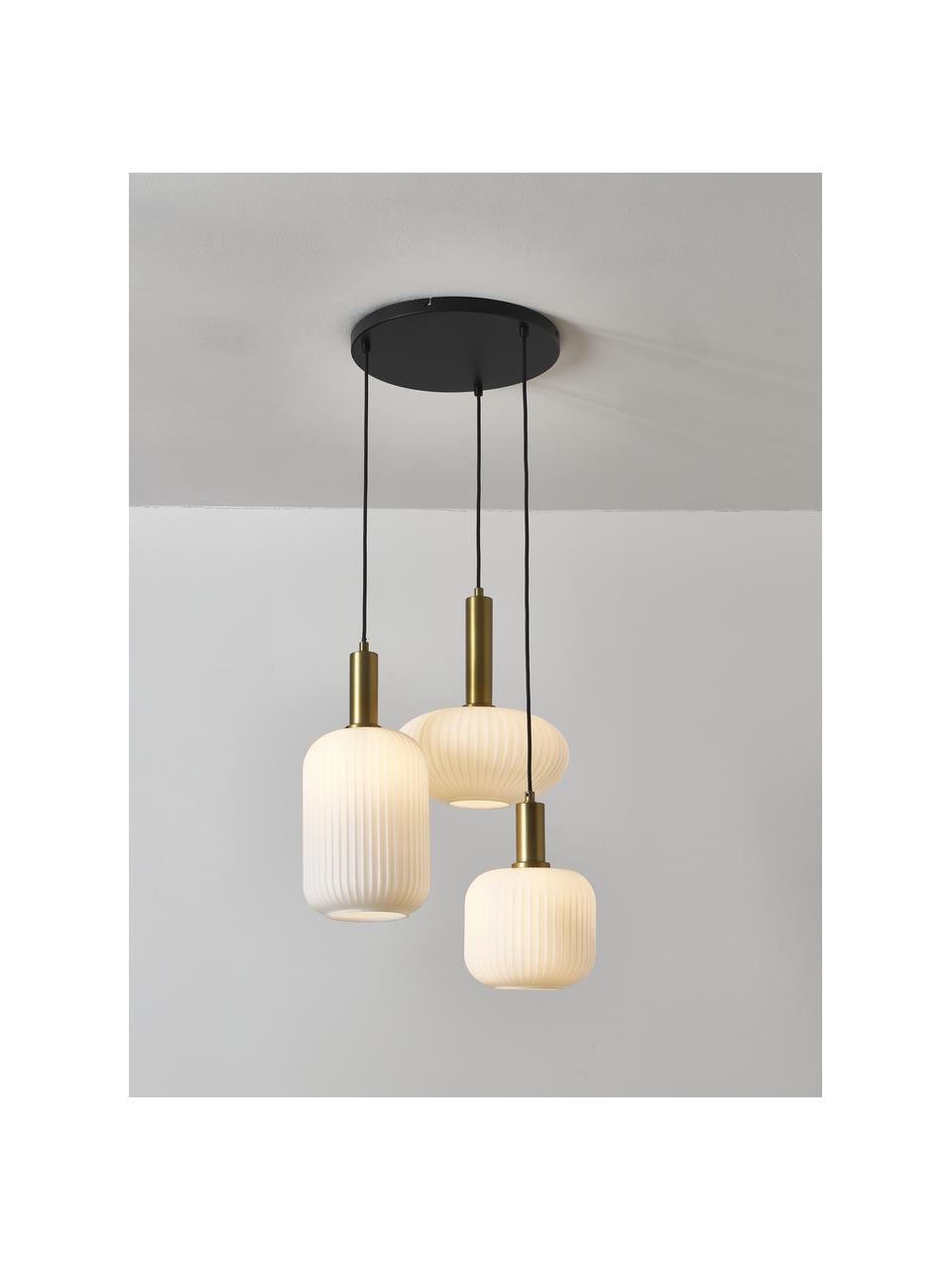Cluster hanglamp Candela van opaalglas, Baldakijn: gepoedercoat metaal, Decoratie: vermessingd metaal, Wit, messingkleurig, B 49 x D 45 cm