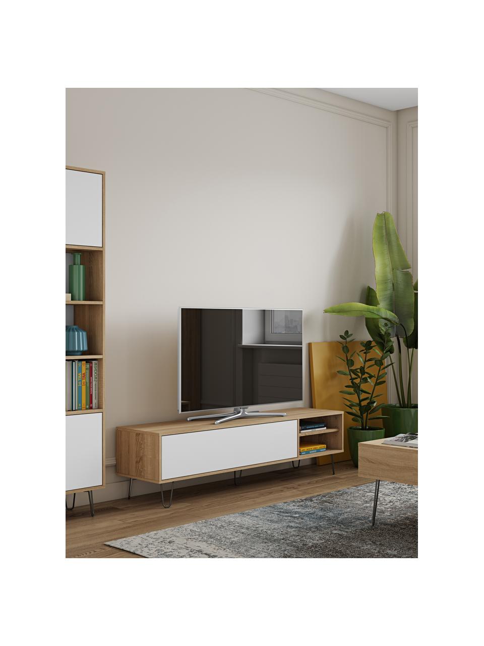 Tv-meubel Aero met klapdeur, Frame: met melamine beklede spaa, Poten: gelakt metaal, Eikenhoutkleurig, wit, B 165 x H 44 cm
