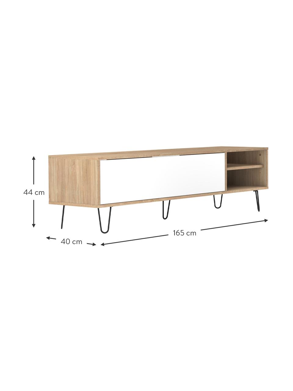 Mobile TV con anta a ribalta Aero, Piedini: metallo verniciato, Legno di quercia, bianco, Larg. 165 x Alt. 44 cm