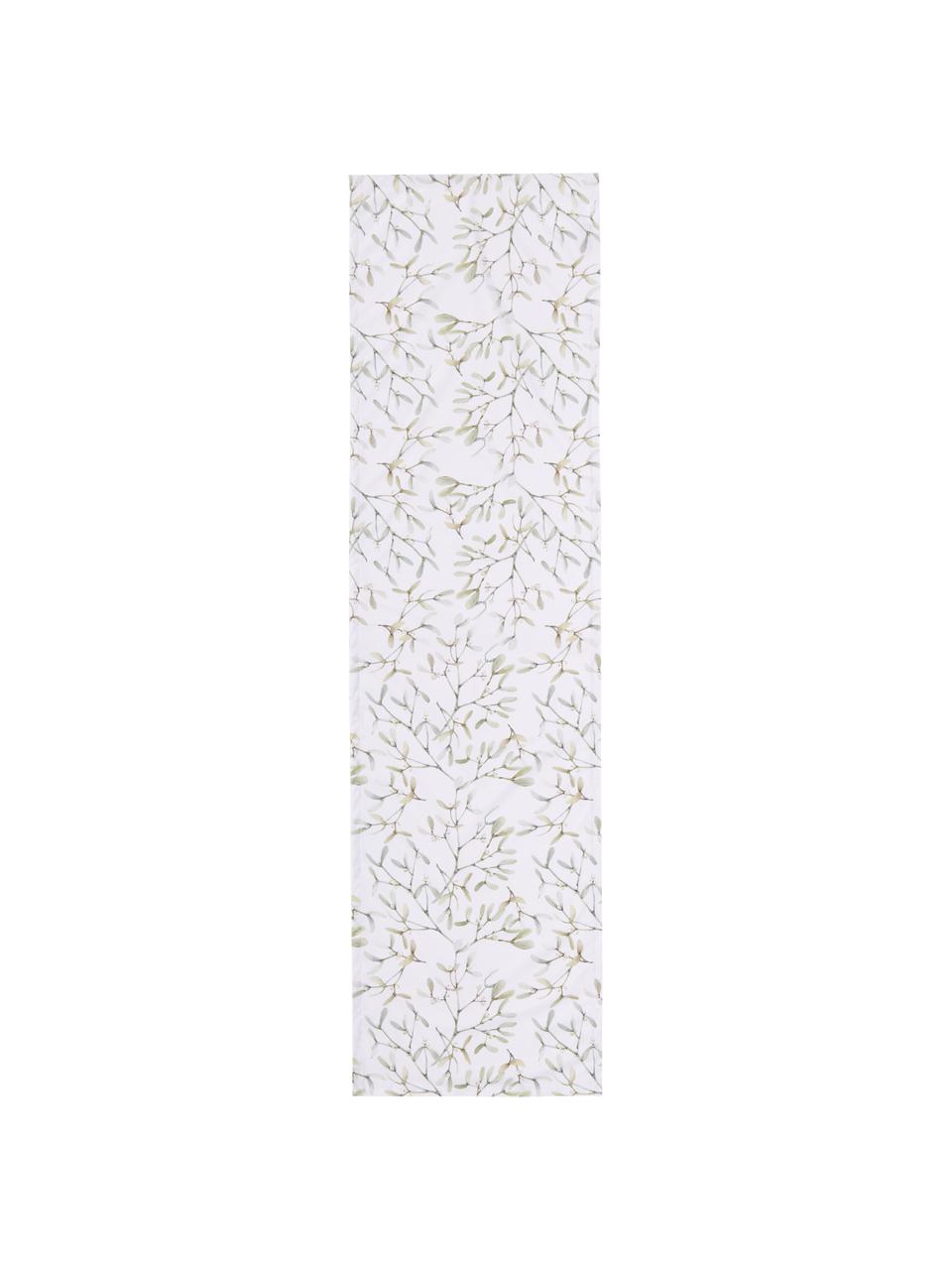 Runner con motivo a vischio Fairytale, 100% poliestere, Bianco, tonalità verdi, Larg. 40 x Lung. 145 cm