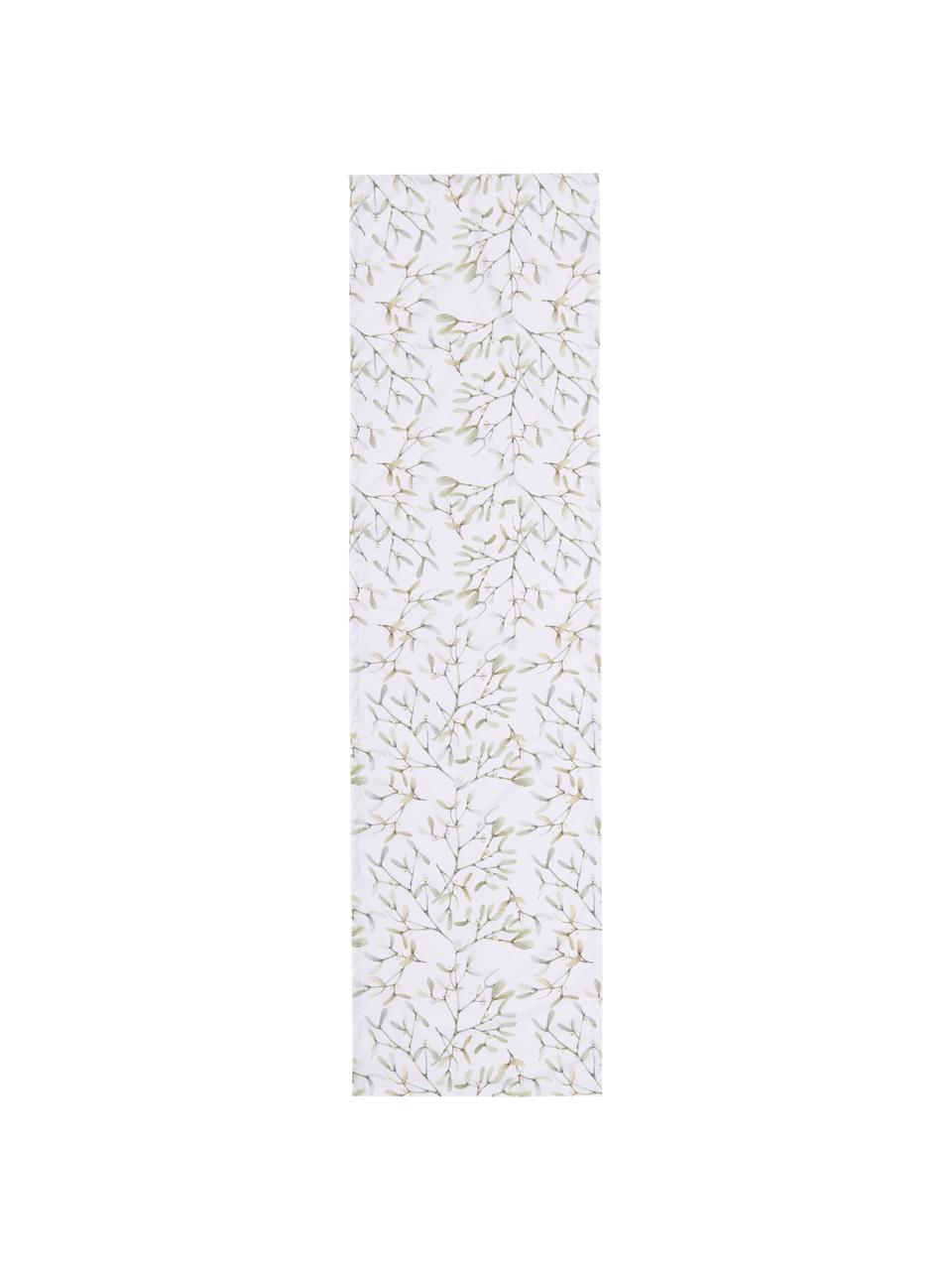 Tafelloper Fairytale met maretak patroon, 100% polyester, Wit, groentinten, B 40 x L 145 cm