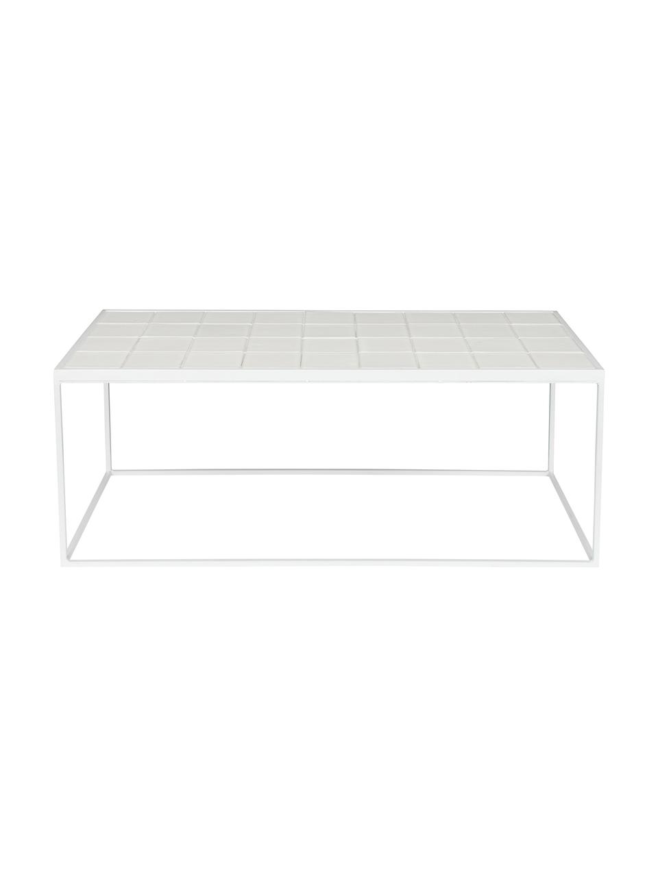 Geglazuurde salontafel Glazed in wit, Tafelblad: MDF, keramiek, Frame: gepoedercoat metaal, Wit, B 93 x H 36 cm