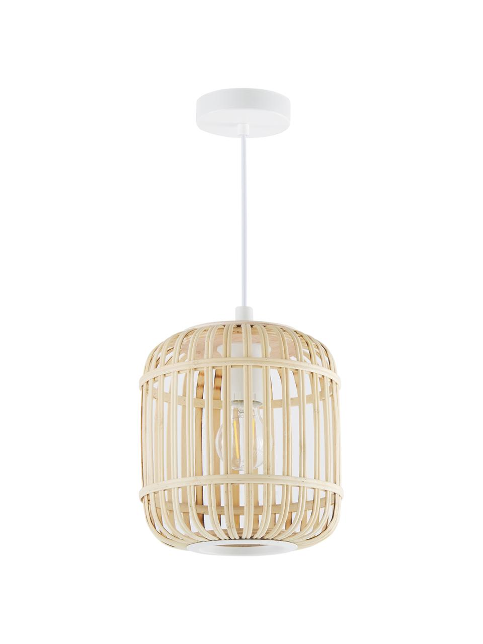Kleine hanglamp Adam van bamboehout, Lampenkap: bamboe, hout, Baldakijn: gepoedercoat metaal, Wit, beige, Ø 21  x H 24 cm