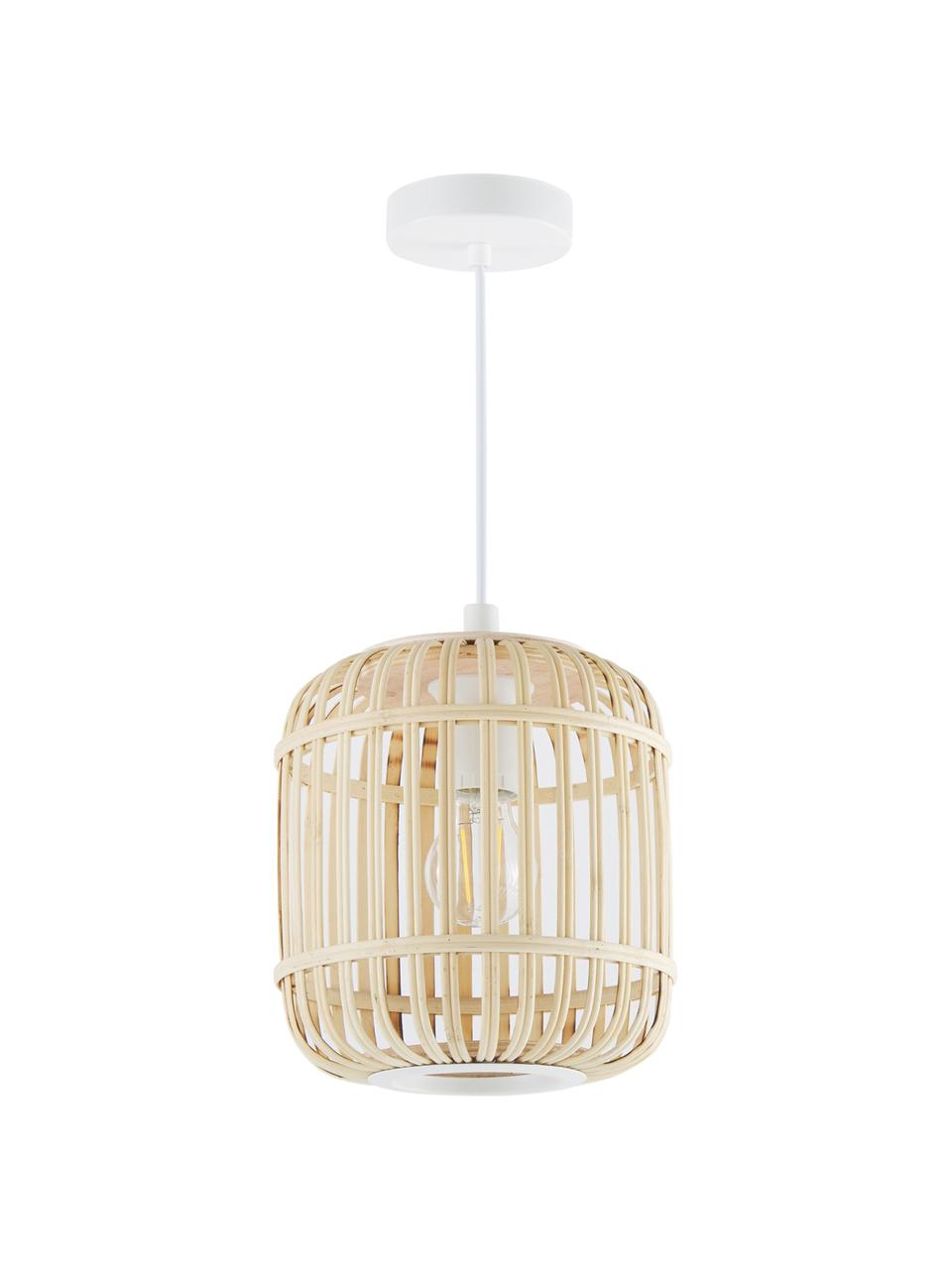 Lampada a sospensione piccola in bambù Adam, Paralume: bambù legno, Baldacchino: metallo verniciato a polv, Bianco, marrone chiaro, Ø 35 x Alt. 38 cm