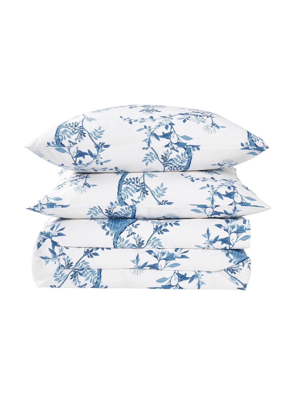 Baumwollperkal-Bettdeckenbezug Annabelle mit floraler Zeichnung, Webart: Perkal Fadendichte 200 TC, Weiß, Blau, B 200 x L 200 cm