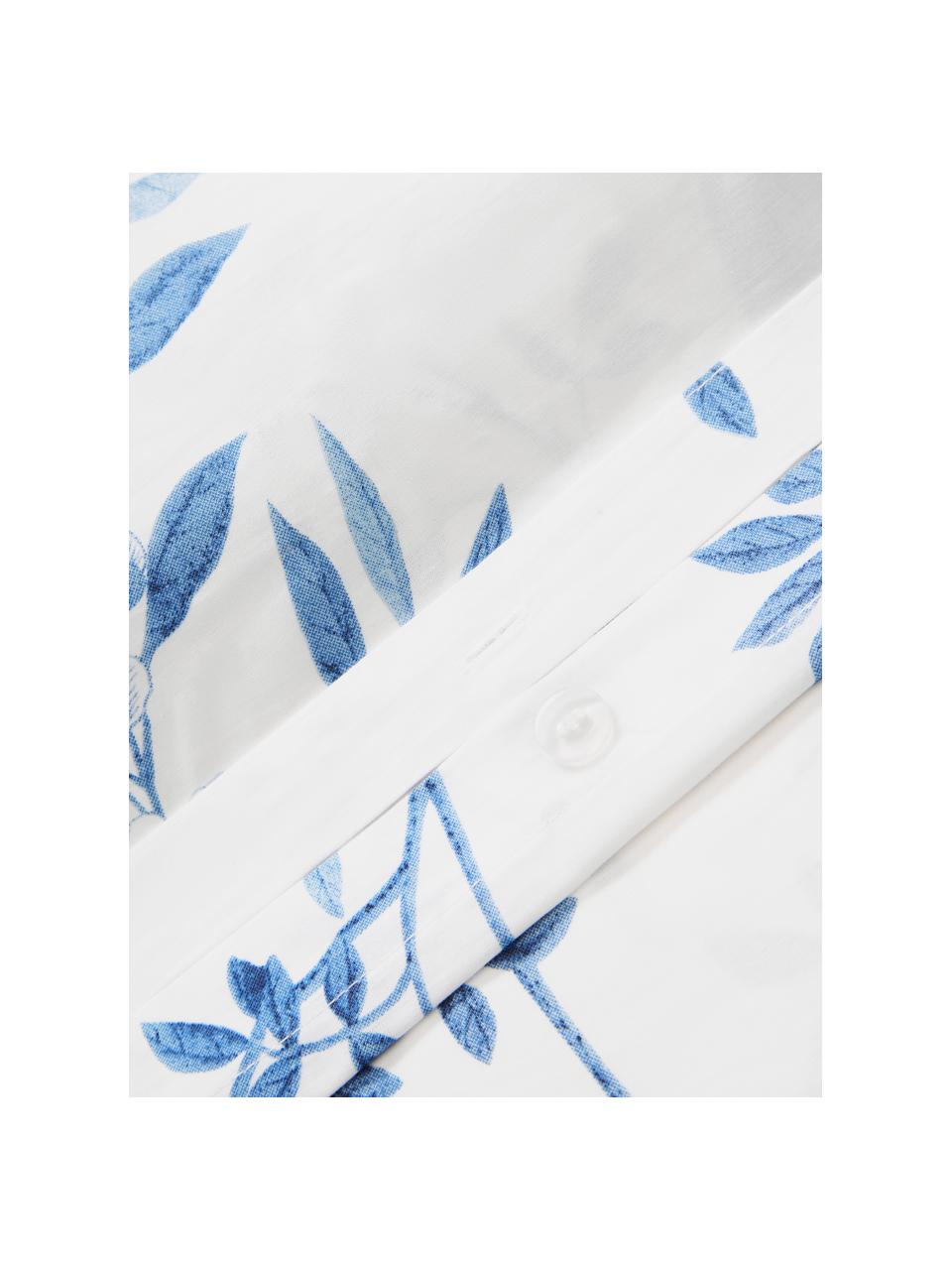Housse de couette en percale de coton avec motif floral Annabelle, Blanc, bleu, larg. 200 x long. 200 cm
