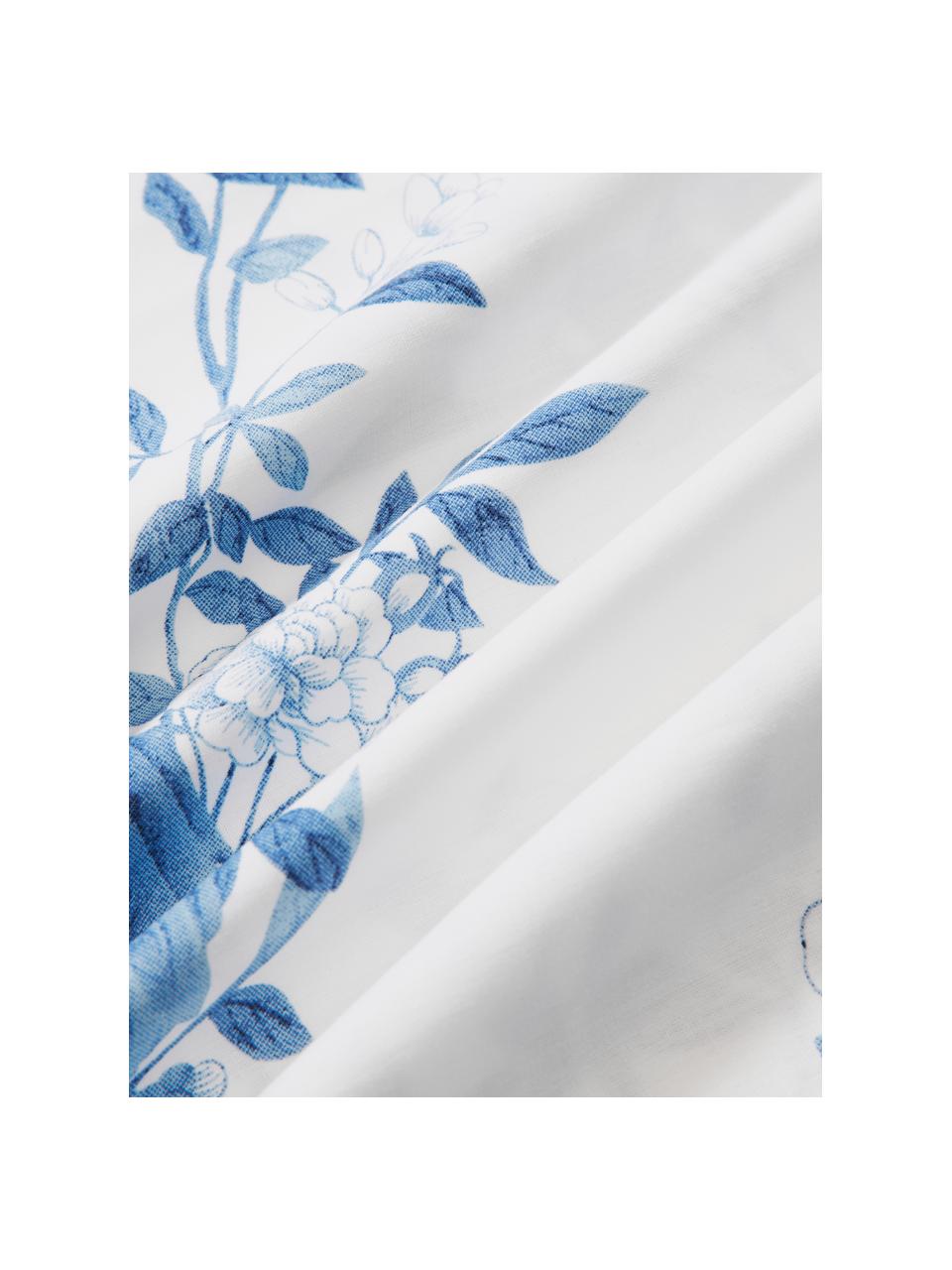 Housse de couette en percale de coton avec motif floral Annabelle, Blanc, bleu, larg. 200 x long. 200 cm