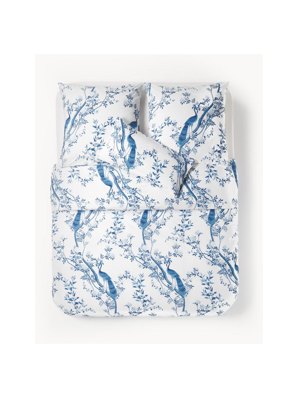 Housse de couette en percale de coton avec motif floral Annabelle, Blanc, bleu, larg. 200 x long. 200 cm