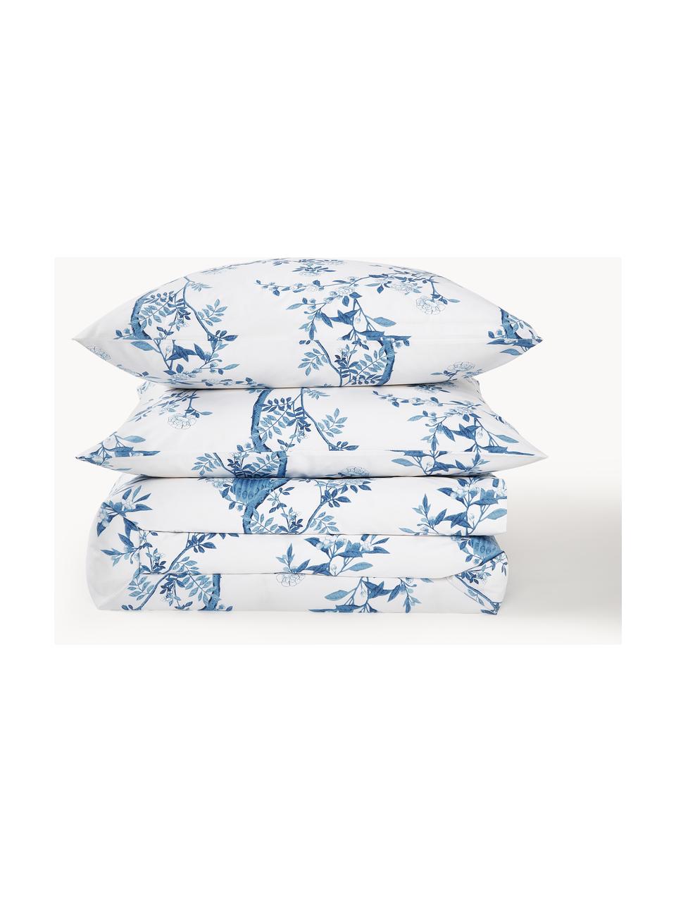 Housse de couette en percale de coton avec motif floral Annabelle, Blanc, bleu, larg. 200 x long. 200 cm