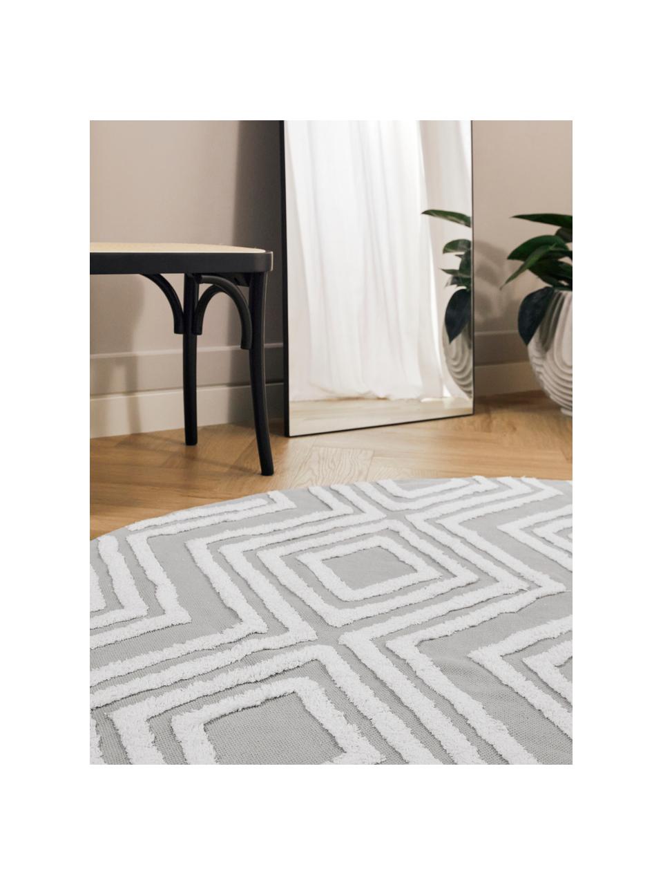 Tapis rond gris avec structure en relief tissé main Ziggy, 100 % coton, Gris, Ø 120 cm (taille S)