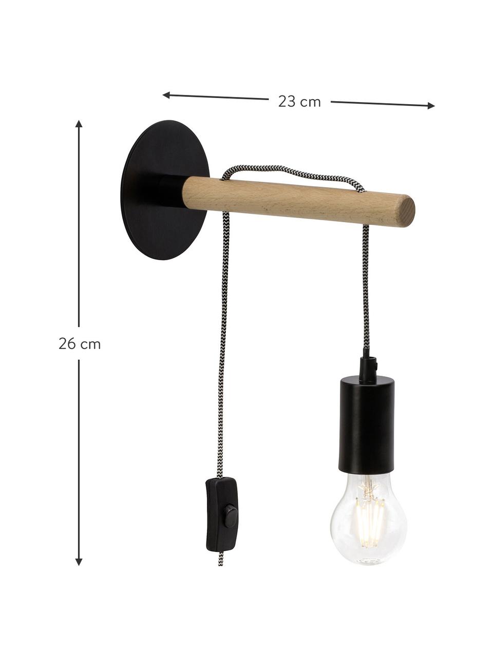 Wandlamp Jarbo met stekker, Frame: hout, Fitting: gelakt metaal, Zwart, helder hout, D 23 x H 26 cm