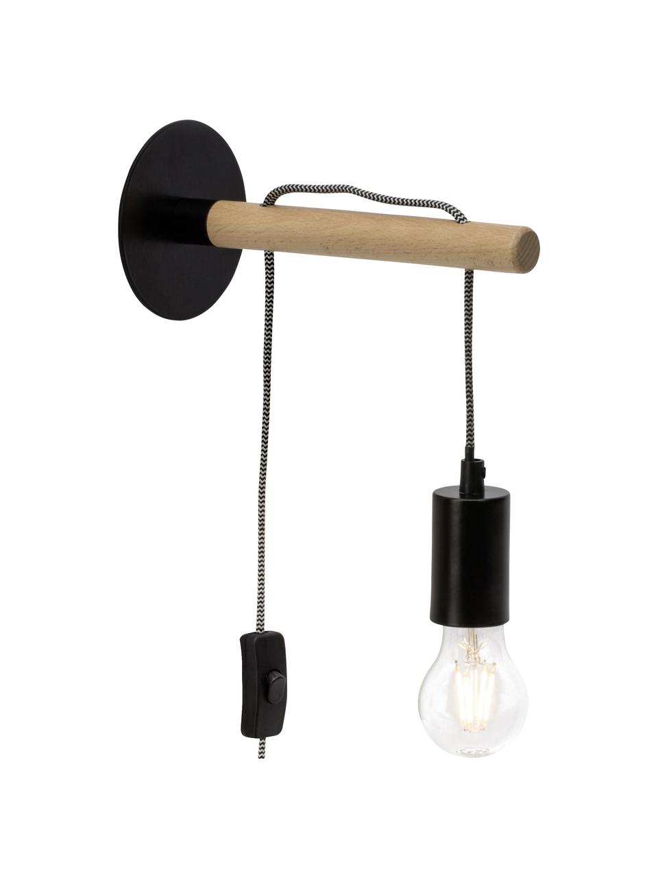 Wandlamp Jarbo met stekker, Frame: hout, Fitting: gelakt metaal, Zwart, helder hout, D 23 x H 26 cm