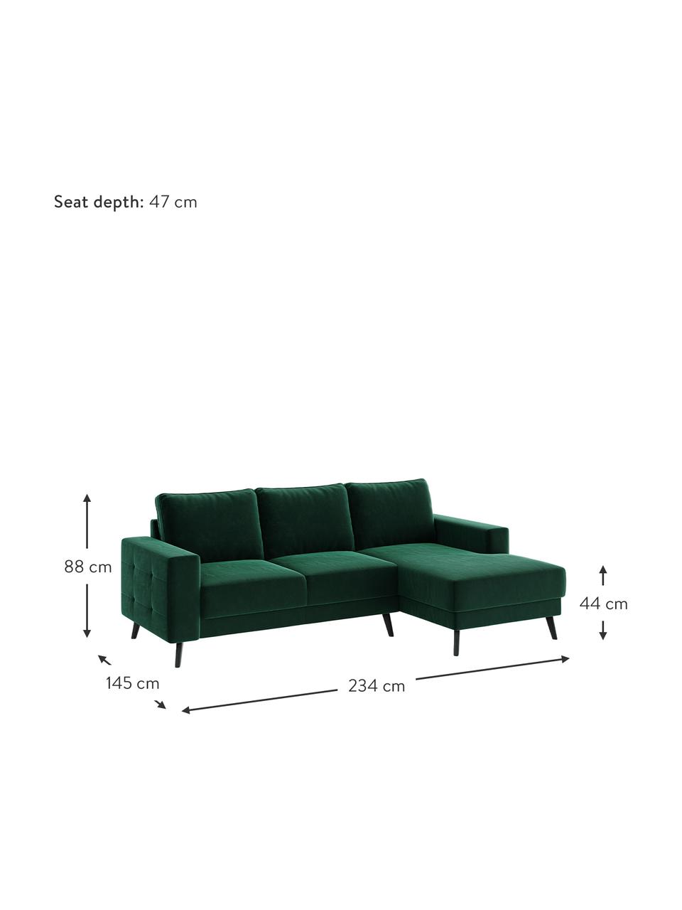 Sofá rinconero de terciopelo Fynn, Tapizado: 100% terciopelo de poliés, Estructura: madera dura, madera bland, Patas: madera pintada Alta resis, Verde oscuro, An 234 x F 145 cm