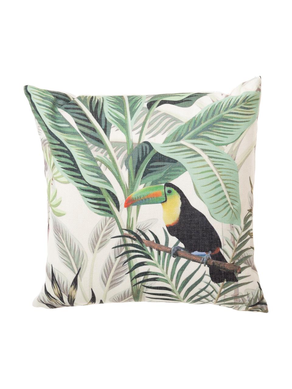 Cuscino imbottito da esterno con motivo tropicale Toucan, Rivestimento: 83% poliestere, 13% coton, Verde, multicolore, Larg. 45 x Lung. 45 cm