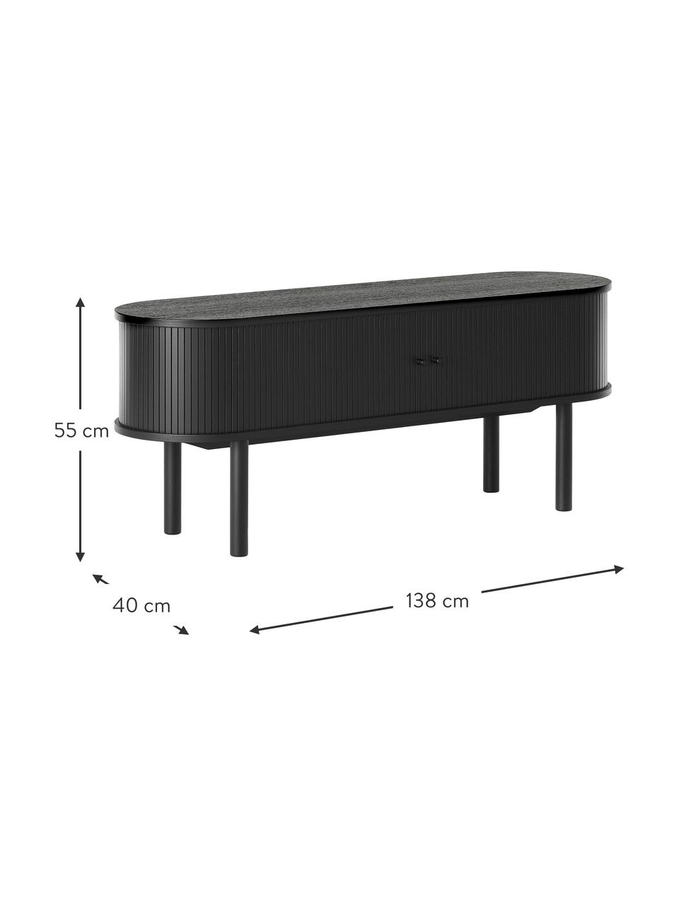 Credenza bassa con fronte scanalato Calary, Gambe: legno massiccio di querci, Nero, Larg. 138 x Alt. 55 cm