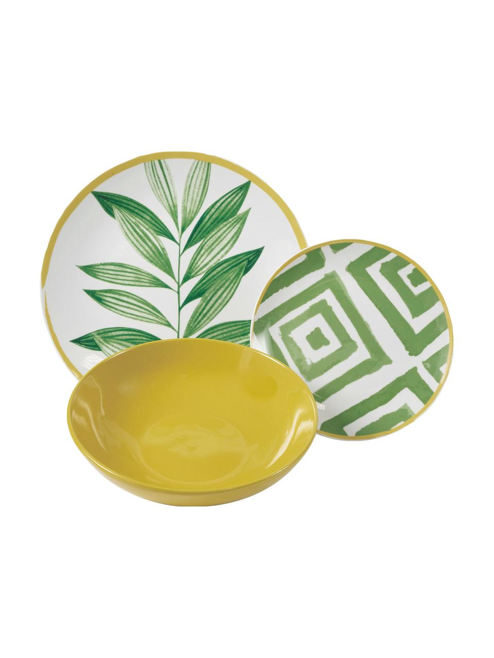 Serviesset Botanique in tropisch design, 6 personen (18-delig), Porselein, gres, Groen, wit, geel, Set met verschillende formaten