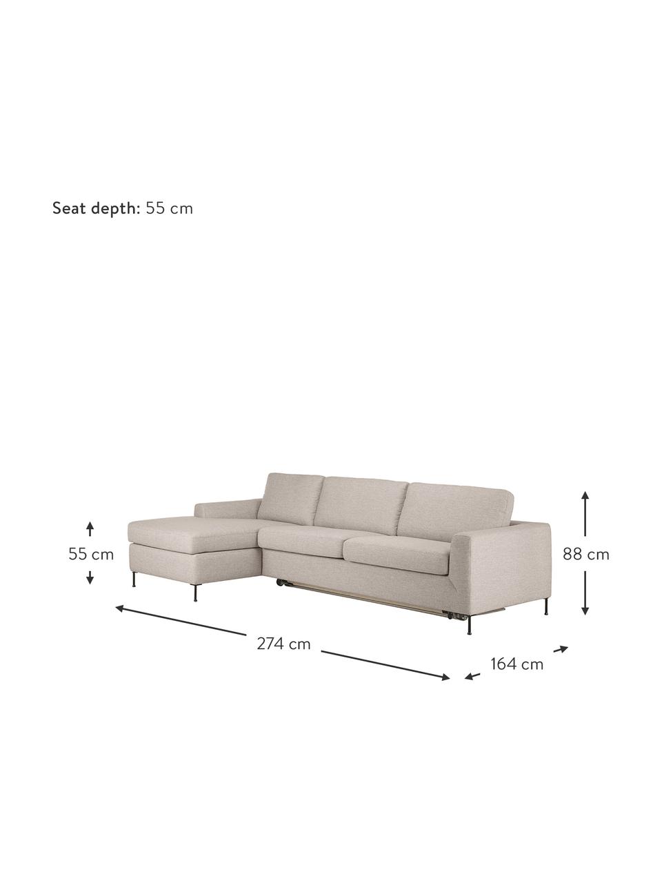 Sofa rozkładana Cucita (3-osobowa), Tapicerka: tkanina (100% poliester) , Stelaż: lite drewno sosnowe z cer, Nogi: metal lakierowany, Beżowa tkanina, S 274 x G 164 cm, lewostronna