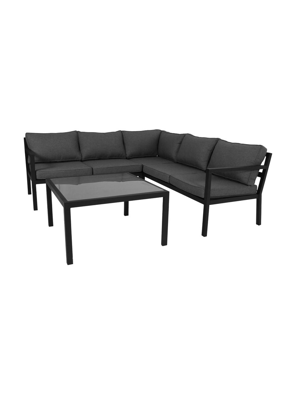 Loungeset Joliette, 2-delig, Frame: gepoedercoat aluminium, Bekleding: Olefin, Frame: aluminium, Tafelblad: glas, Zwart, donkergrijs, Set met verschillende formaten