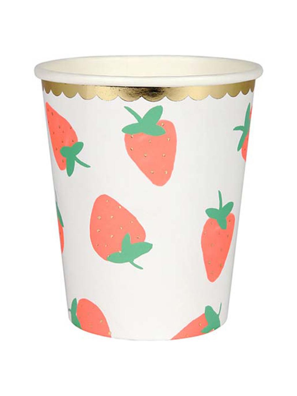 Vasos de papel Strawberry, 8 uds., Papel, foliert, Blanco, rosa, verde, Ø 8 x Al 8 cm