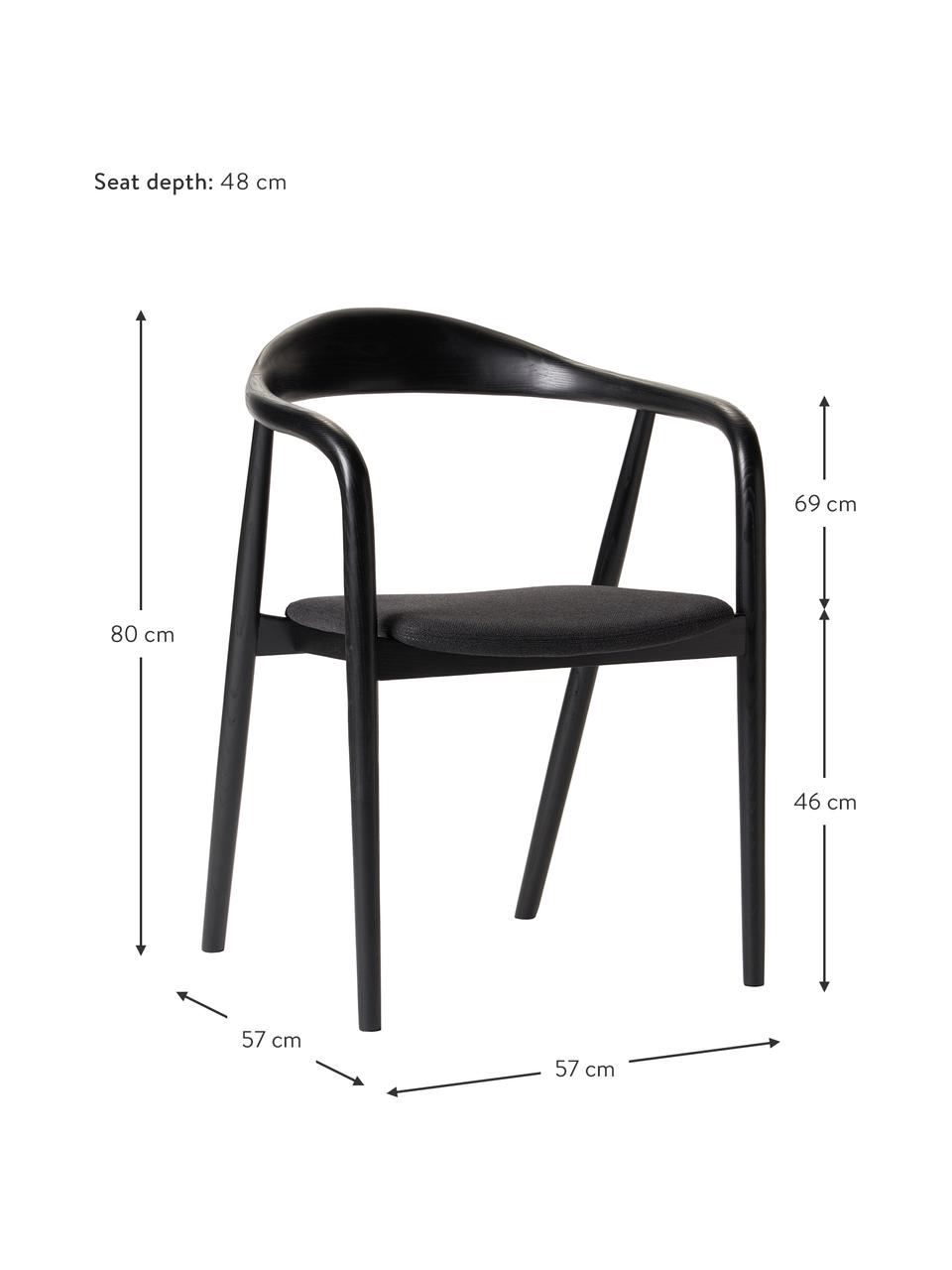 Holz-Armlehnstuhl Angelina mit Sitzpolster, Bezug: Polyester Der hochwertige, Gestell: Eschenholz, FSC-zertifizi, Webstoff Schwarz, Schwarz, B 57 x H 80 cm