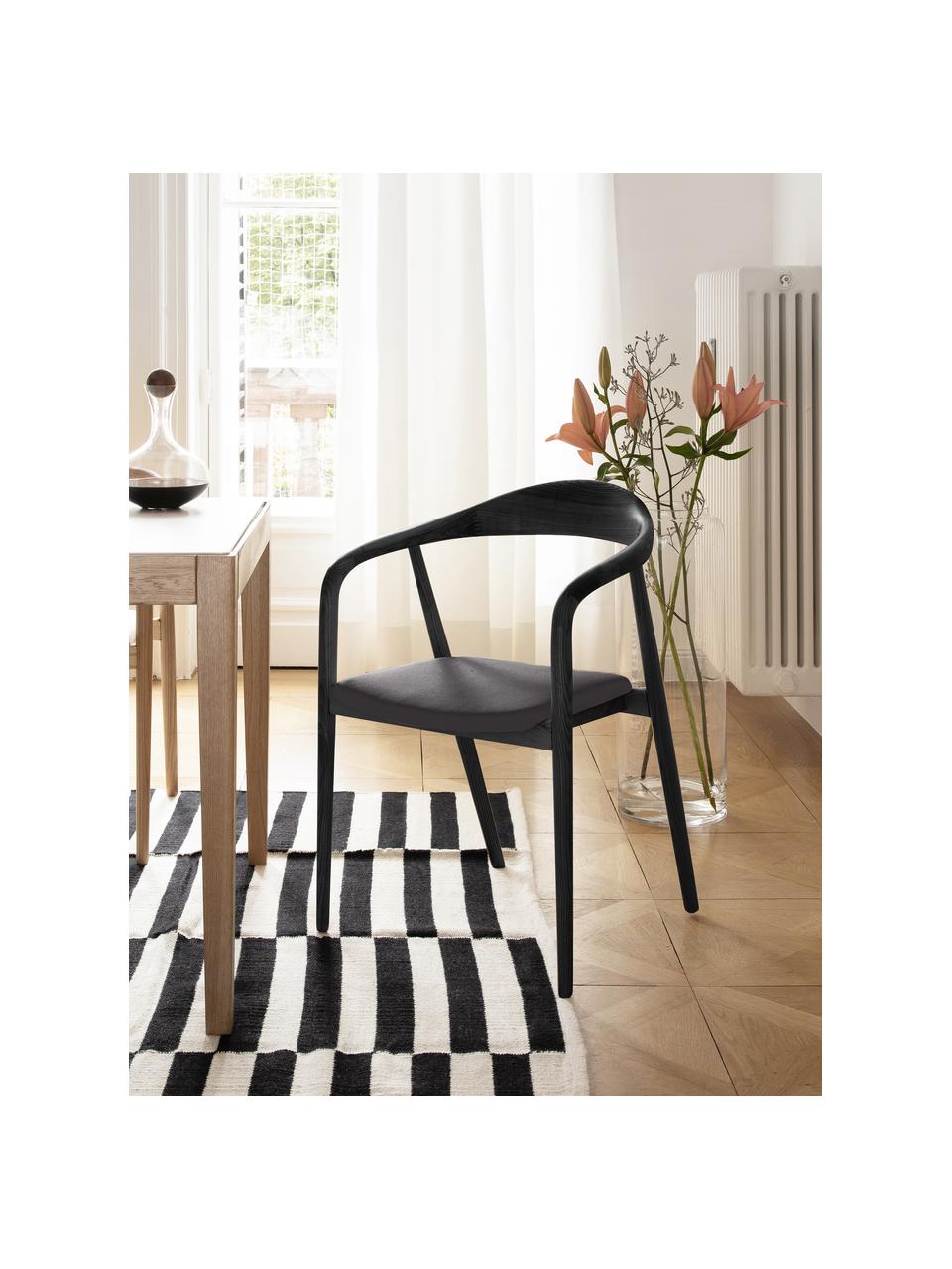 Sedia in legno con braccioli e cuscino Angelina, Rivestimento: poliestere Il rivestiment, Struttura: legno di frassino, certif, Tessuto nero, nero, Larg. 57 x Alt. 80 cm
