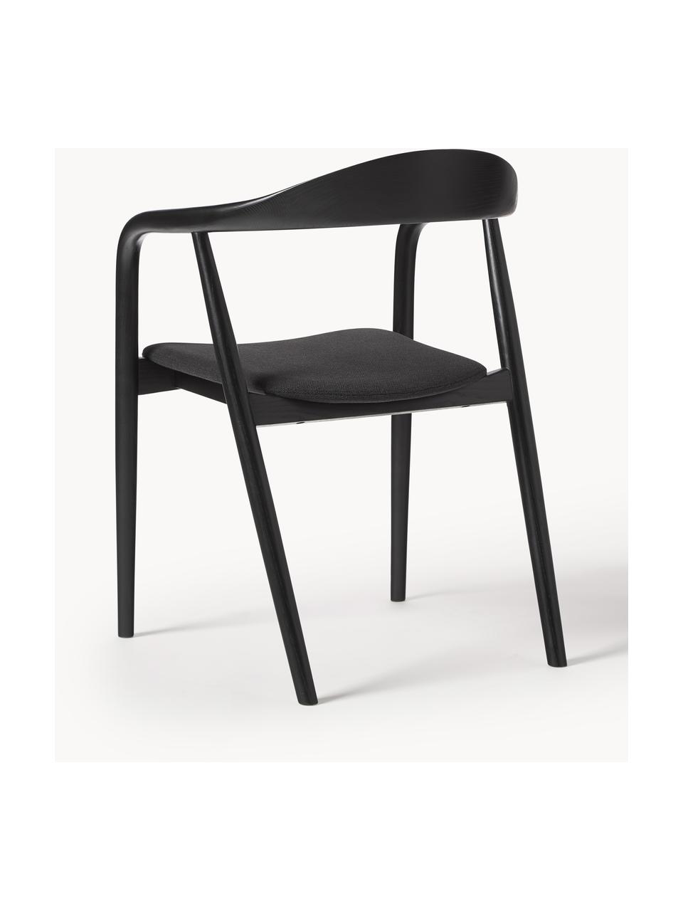 Silla con reposabrazos de madera con asiento tapizado Angelina, Tapizado: poliéster Alta resistenci, Estructura: madera de fresno con cert, Tejido negro, negro, An 57 x Al 80 cm