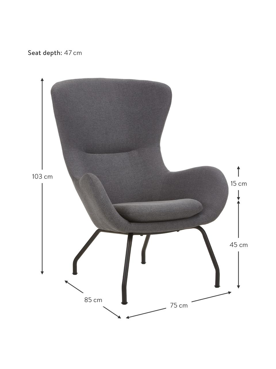 Zamatové krídlové kreslo s kovovými nohami Wing, Antracitová, Š 75 x H 85 cm