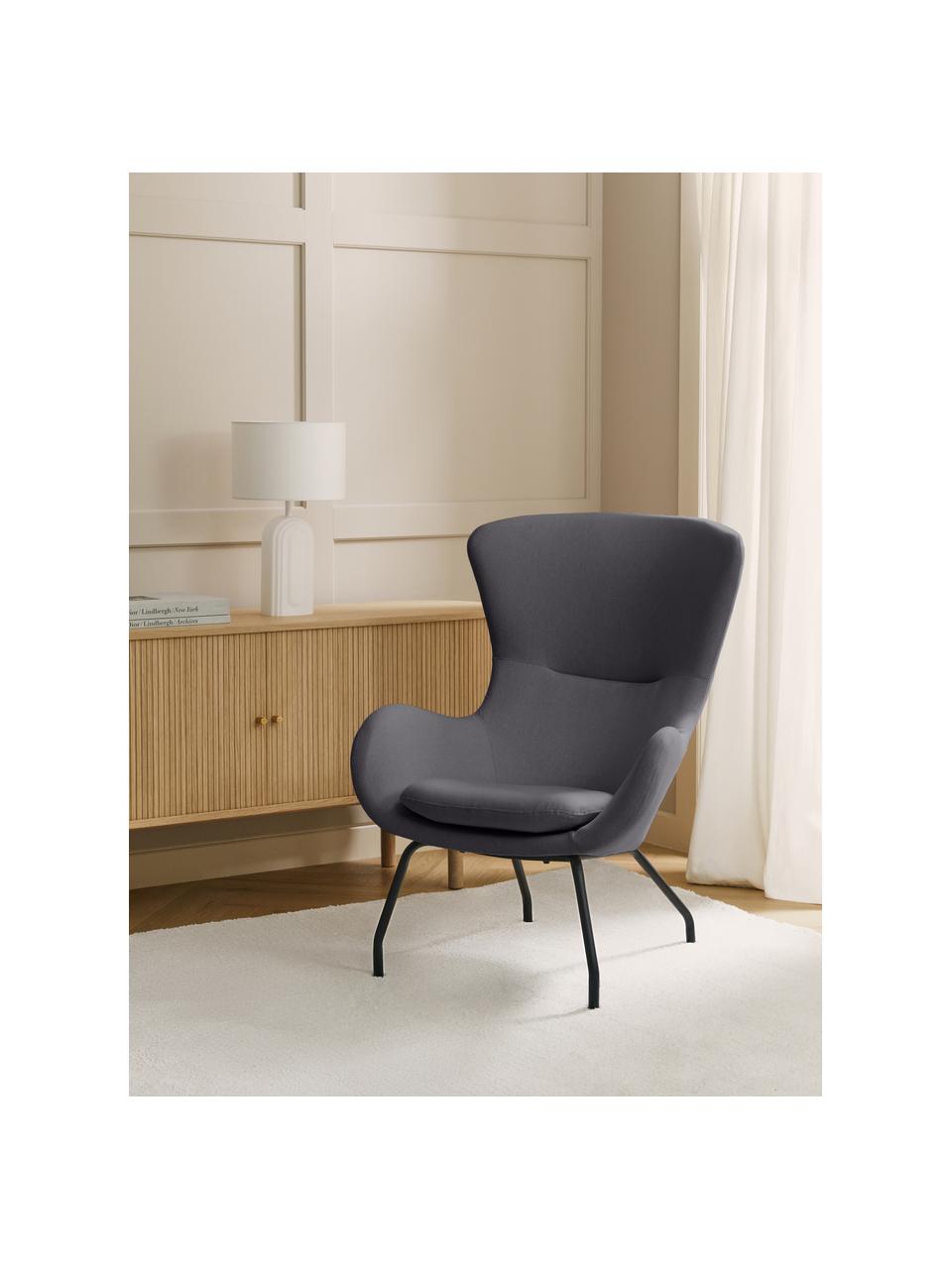 Poltrona con piedini in metallo Wing, Rivestimento: 93% poliestere, 5% cotone, Piedini: metallo verniciato a polv, Tessuto antracite, Larg. 75 x Prof. 85 cm