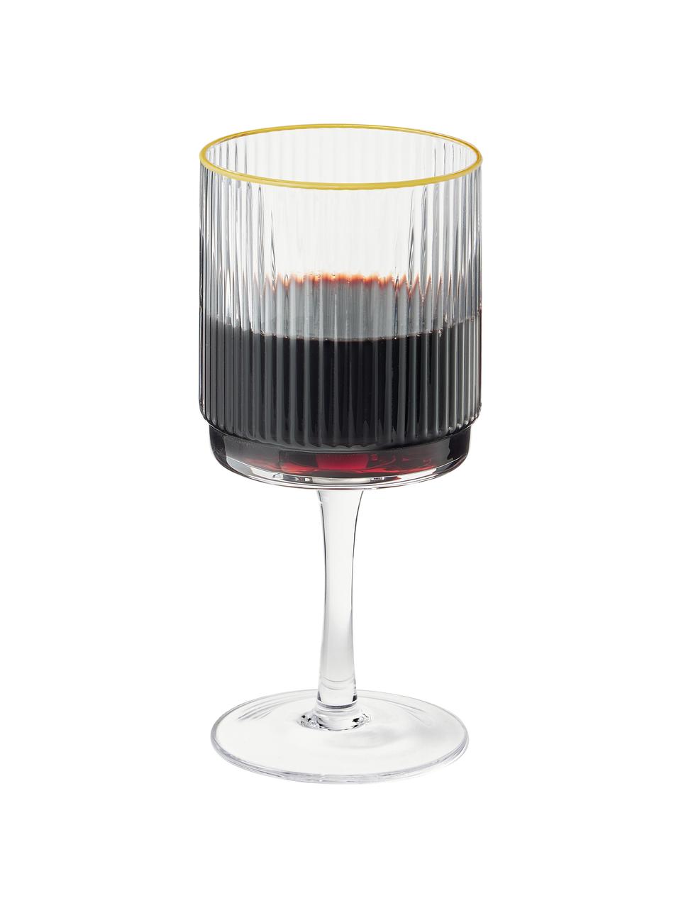 Copas de vino artesanales con relieve Minna, 4 uds., Vidrio soplado artesanalmente, Transparente con borde dorado, Ø 8 x Al 17 cm