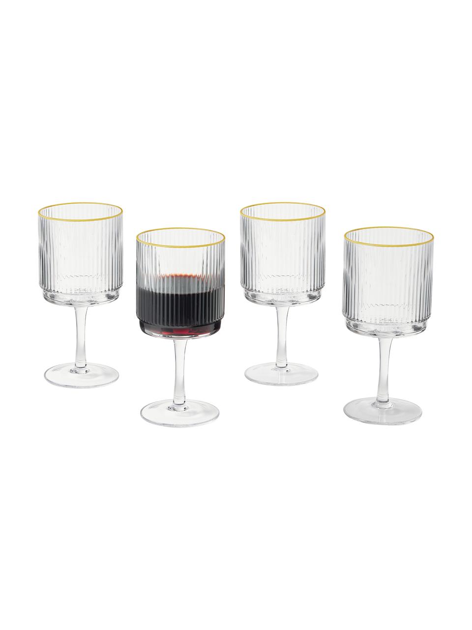 Copas de vino artesanales con relieve Minna, 4 uds., Vidrio soplado artesanalmente, Transparente con borde dorado, Ø 8 x Al 17 cm