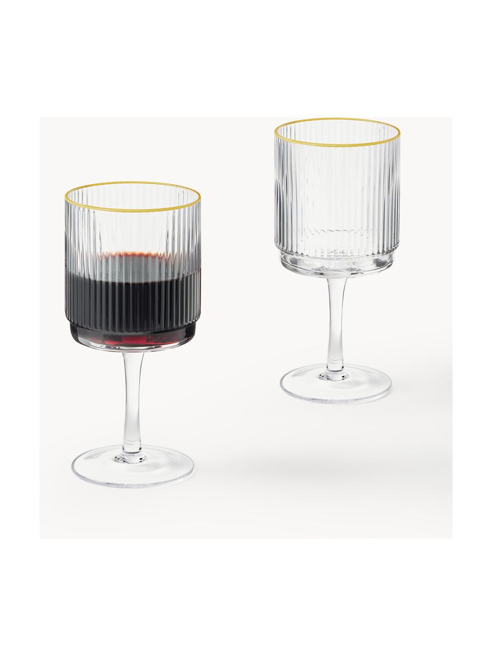 Copas de vino artesanales con relieve Minna, 4 uds., Vidrio soplado artesanalmente, Transparente con borde dorado, Ø 8 x Al 17 cm, 300 ml