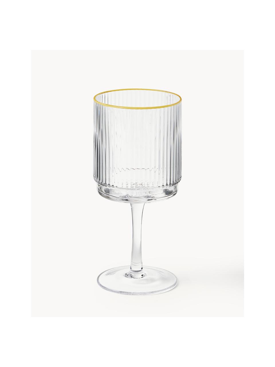 Copas de vino artesanales con relieve Minna, 4 uds., Vidrio soplado artesanalmente, Transparente con borde dorado, Ø 8 x Al 17 cm, 300 ml