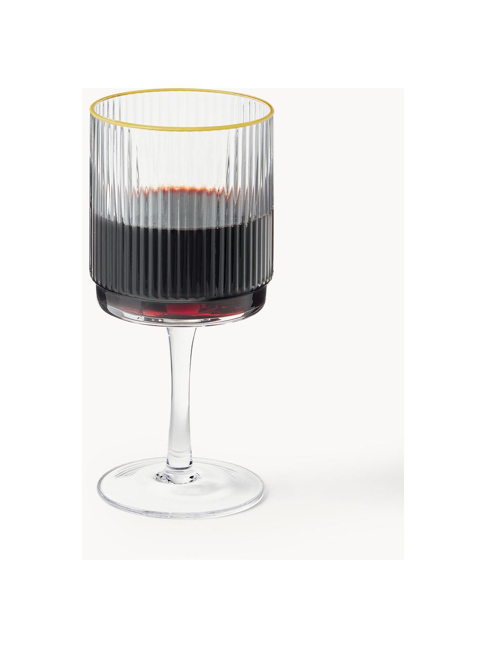 Verres à vin en verre strié avec bord doré Minna, 4 pièces, Verre, soufflé bouche, Transparent avec bord doré, Ø 8 x haut. 17 cm, 300 ml