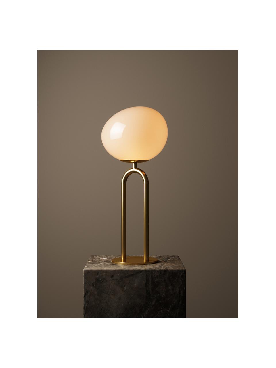 Lampa stołowa ze szkła opalowego Shapes, Stelaż: metal szczotkowany, Kremowobiały, odcienie złotego, Ø 22 x W 47 cm