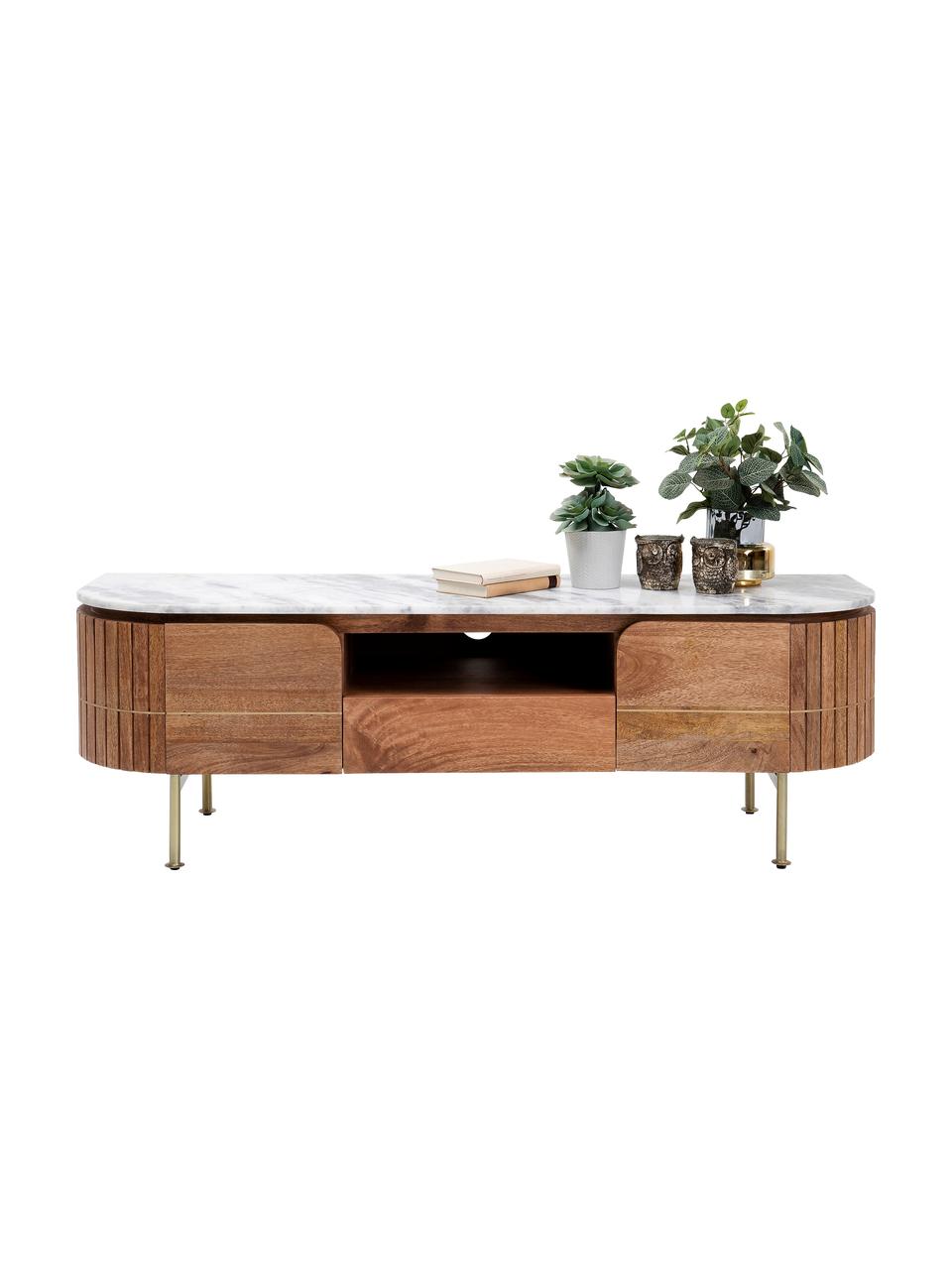 Console TV faite main en bois de manguier avec plateau en marbre Grace, Bois de manguier, blanc, marbré, larg. 145 x haut. 48 cm