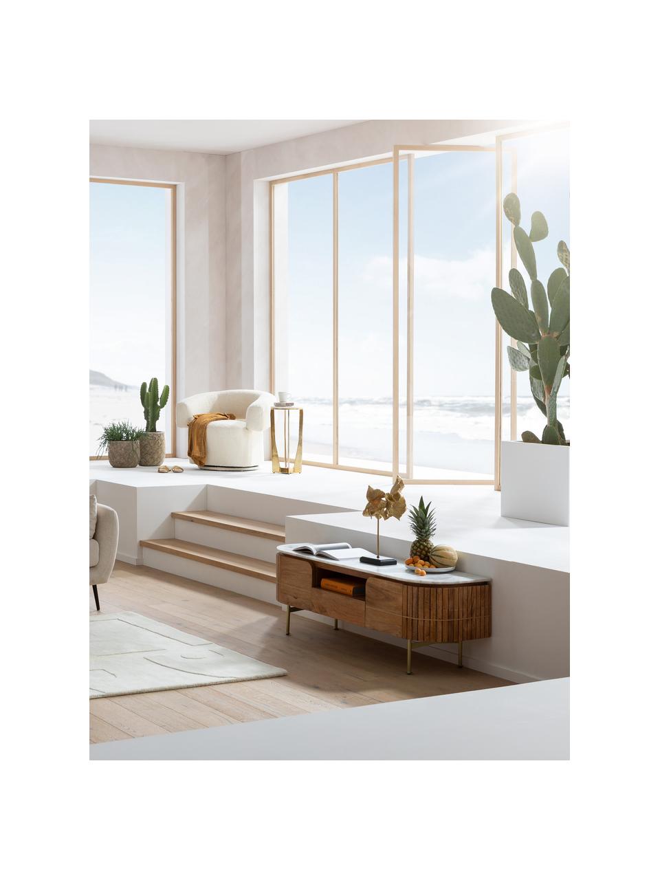 Handgemaakte tv-meubel Grace van mangohout met marmeren tafelblad, Tafelblad: marmer, Poten: gecoat metaal, Mangohout, wit, gemarmerd, B 145 x H 48 cm