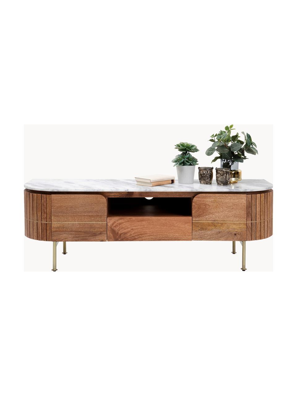 Ručne vyrobený TV-konzolový stolík z mangového dreva Grace, Mangové drevo, biela, mramorovaná, Š 145 x V 48 cm