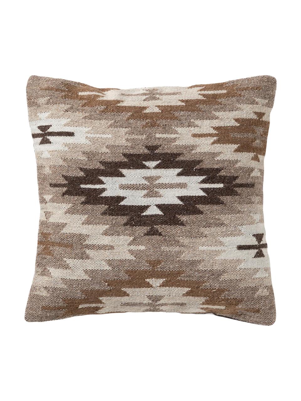 Kussenhoes Dilan met ethnopatroon in bruin/beige van wol, 80% wol, 20% katoen, Bruintinten, wit, 45 x 45 cm