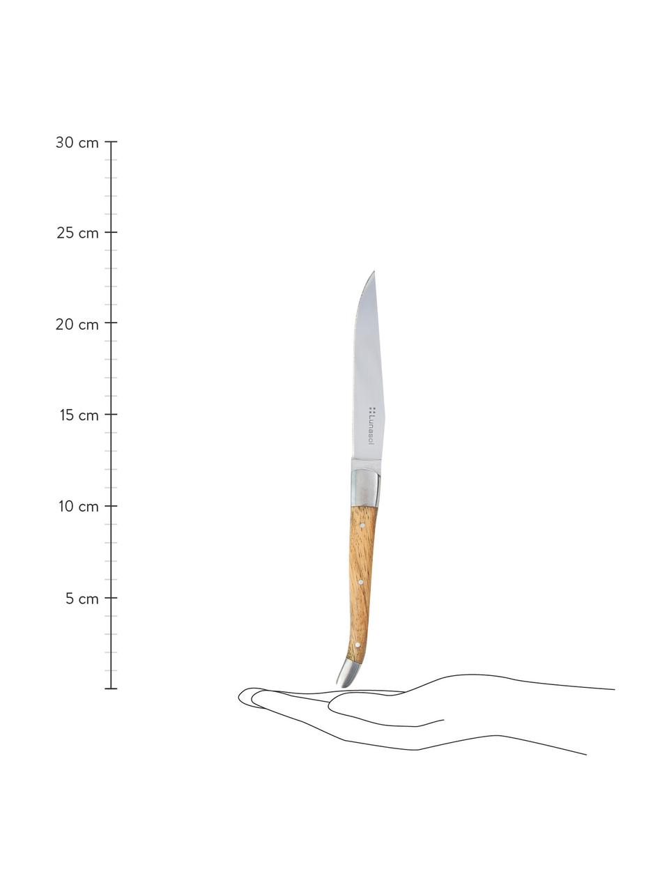 Steakový nůž s dřevěnou rukojetí Jasmine, 6 ks, Stříbrná, světlé dřevo, D 23 cm